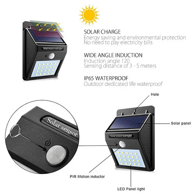 Lámpara Solar con Sensor de movimiento PIR para exteriores, luz de pared impermeable alimentada por energía Solar, decoración de jardín, 30 LED